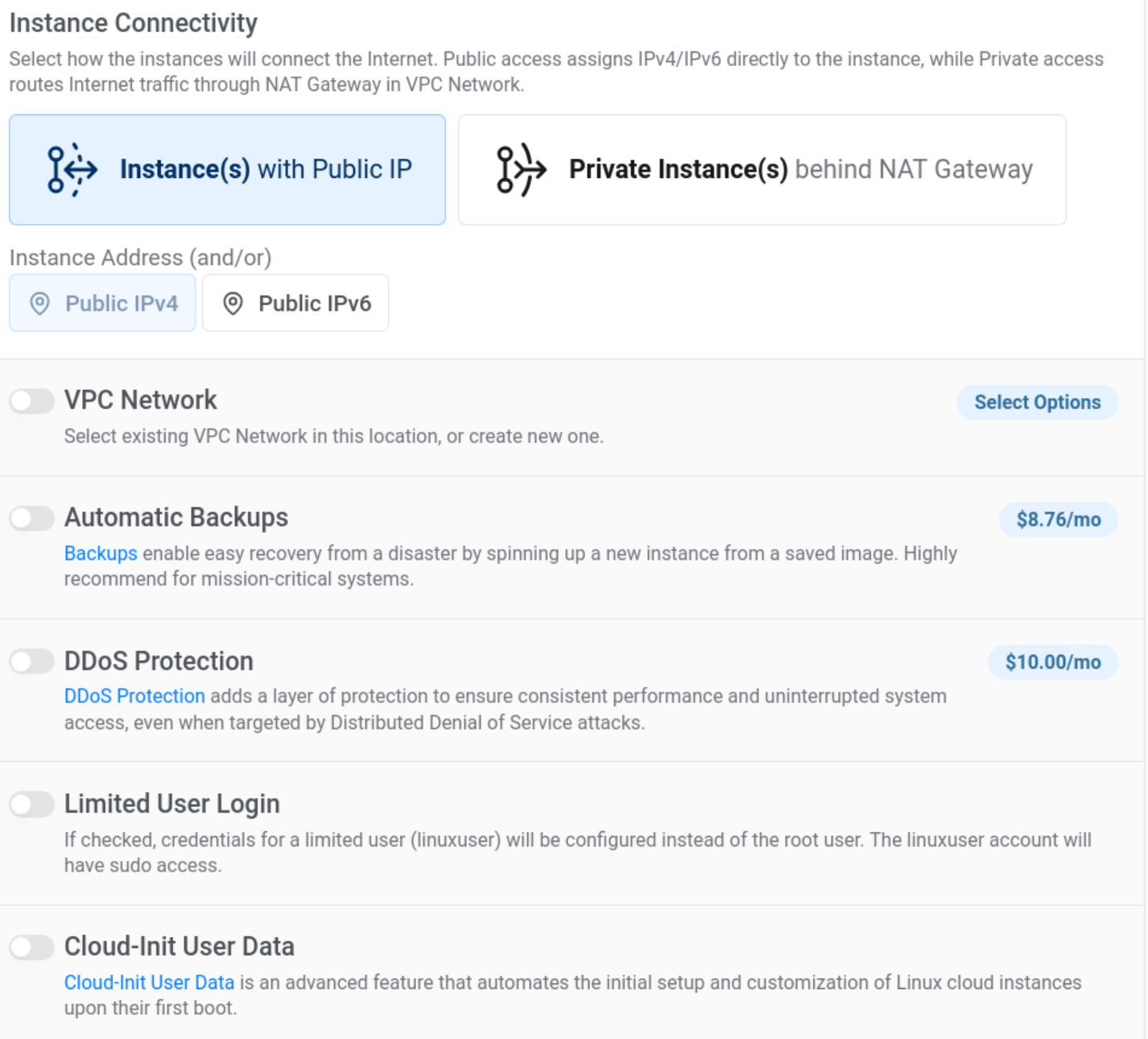 Vultr Instance Connectivity settings showing Public IPv4 and IPv6 enabled, Automatic Backups enabled