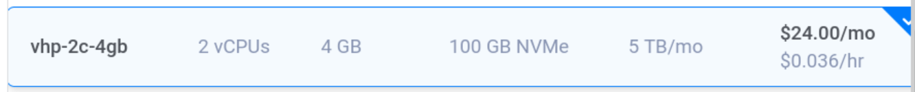 Vultr plan selection showing vhp-2c-4gb: 2 vCPUs, 4 GB RAM, 100 GB NVMe, 5 TB/mo bandwidth, $24.00/mo ($0.036/hr)